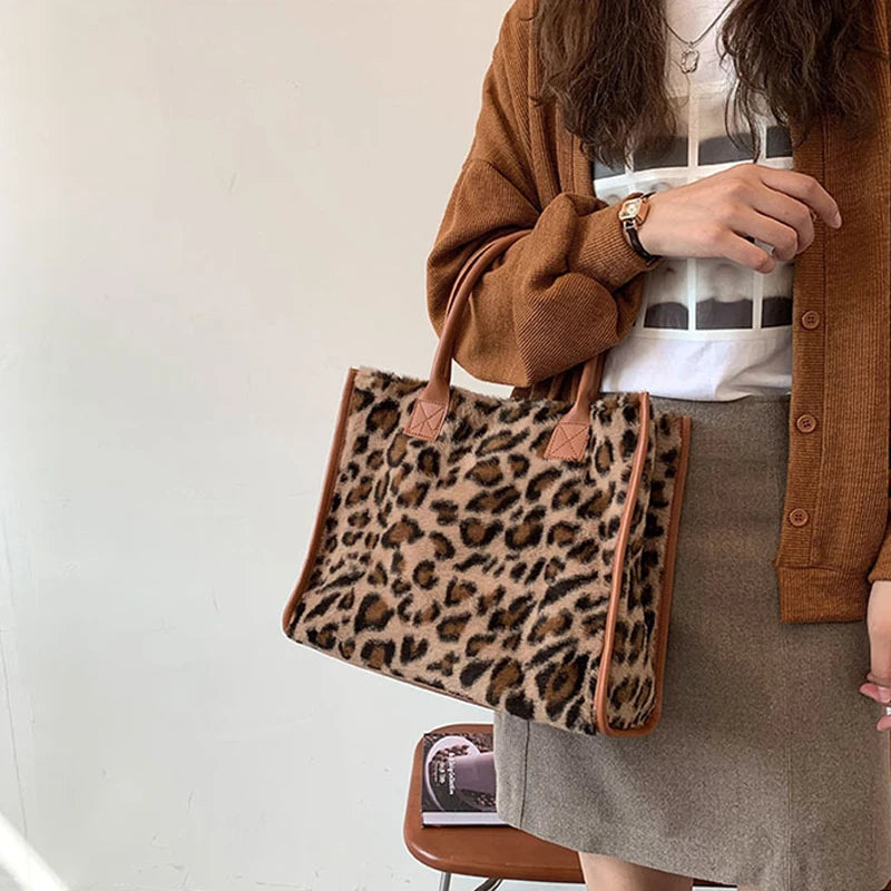 Leopard Print PU Leather Tote Bag Plush Winter Shopping Bag