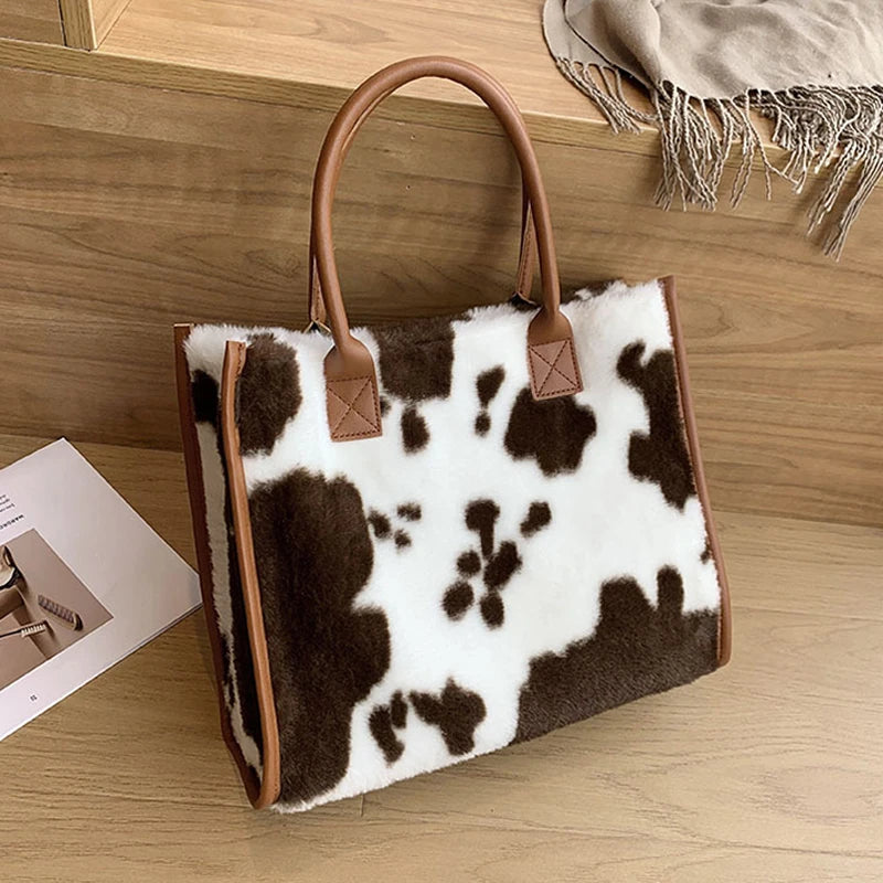 Leopard Print PU Leather Tote Bag Plush Winter Shopping Bag
