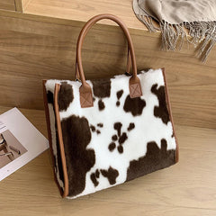 Leopard Print PU Leather Tote Bag Plush Winter Shopping Bag