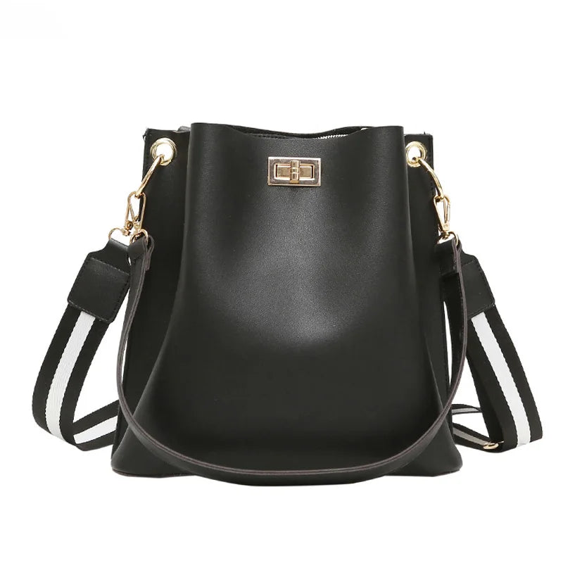 Large Capacity Bucket Bag Lock Shoulder Messenger Purse Women Hand Bag