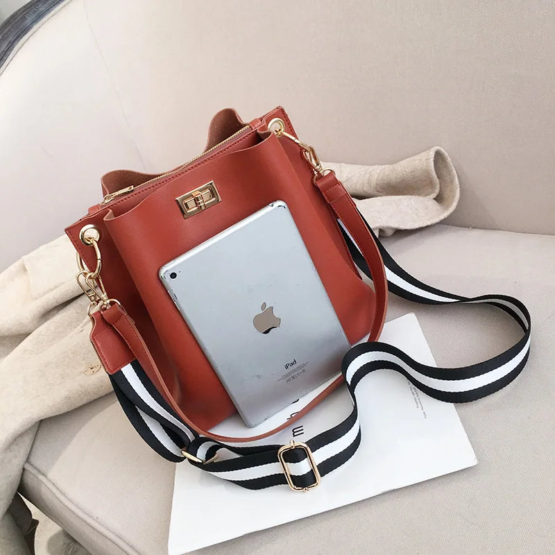 Large Capacity Bucket Bag Lock Shoulder Messenger Purse Women Hand Bag