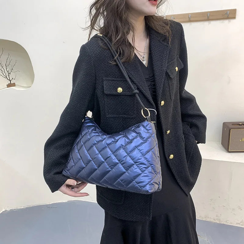 Plaid Women Shoulder Bag Nylon Down Cotton Ladies Handbags Casual Underarm Bags