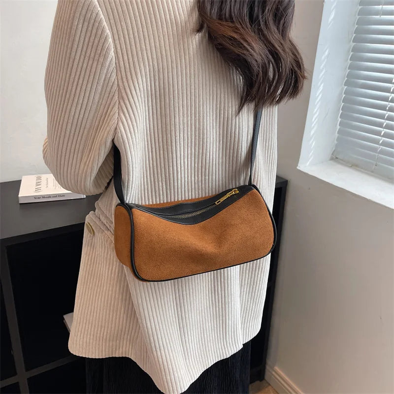 Vintage Women Flock Boston Bags Prom Clutch Suede Shoulder Bags