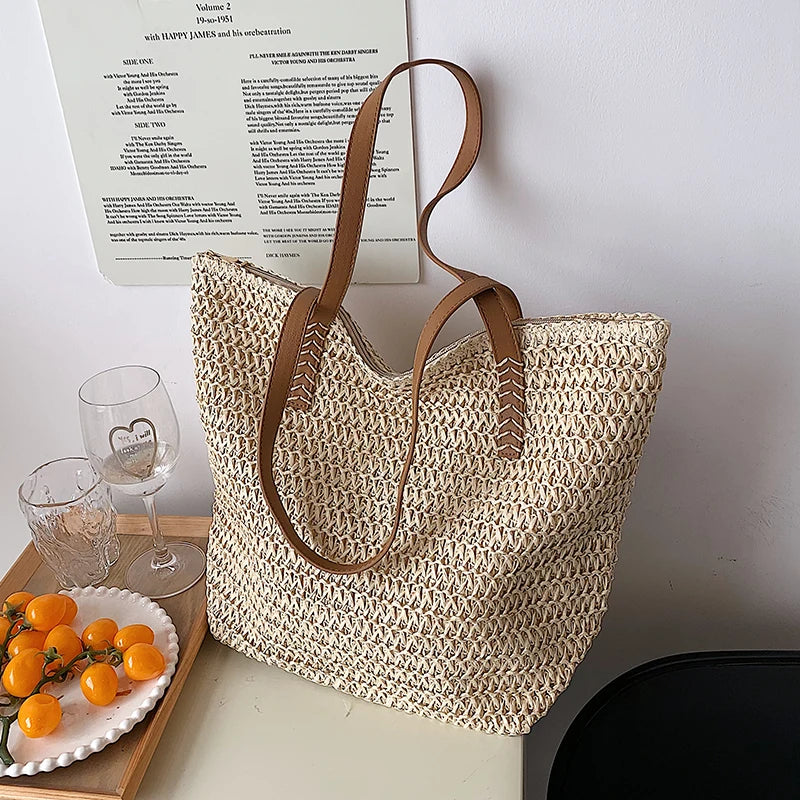 Bohemian Straw Beach Tote Bag Hand-Woven Shoulder Shopper