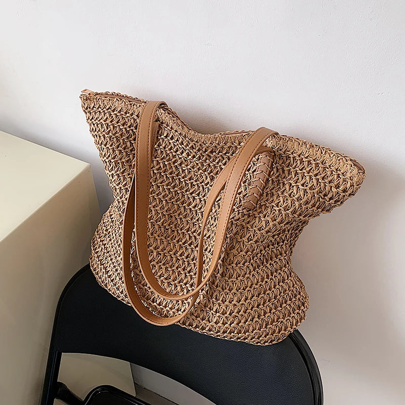 Bohemian Straw Beach Tote Bag Hand-Woven Shoulder Shopper