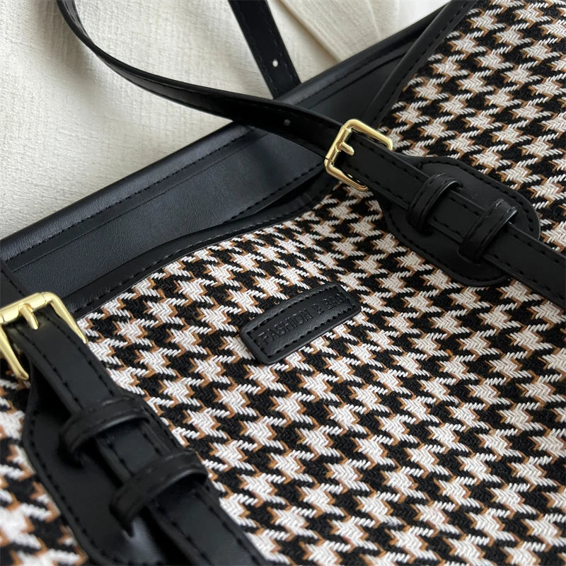 Winter Houndstooth Totes Large Capacity Vintage Handbags