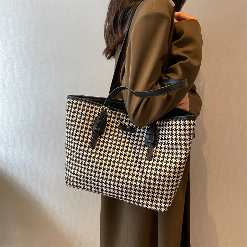Winter Houndstooth Totes Large Capacity Vintage Handbags