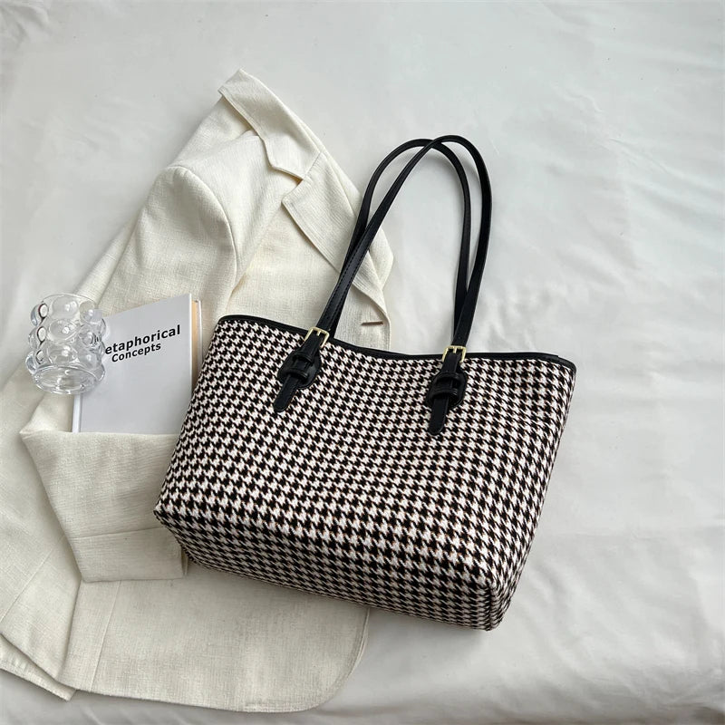 Winter Houndstooth Totes Large Capacity Vintage Handbags