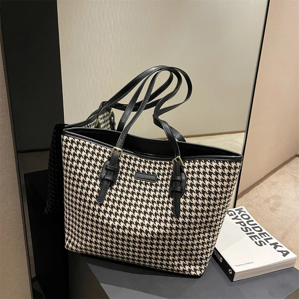 Winter Houndstooth Totes Large Capacity Vintage Handbags