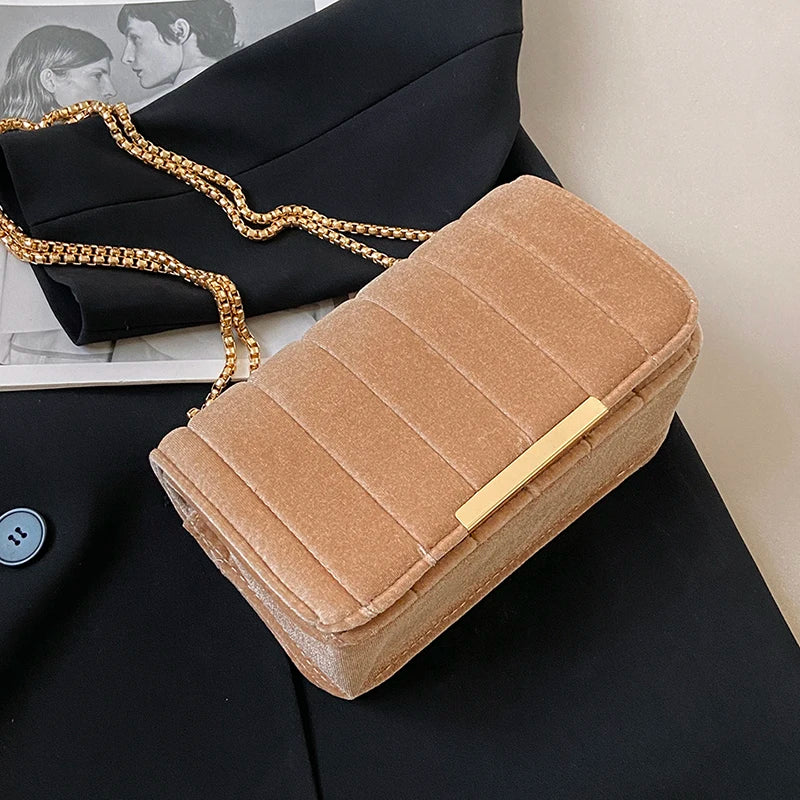Winter Shoulder Bag Golden Velvet Handbags Small Satchel Bag