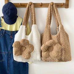 Winter Soft Plush Handbags 3D Flower Tote Bag Women Lamb Hair Shoulder Bag