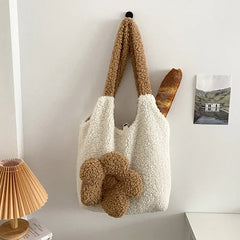 Winter Soft Plush Handbags 3D Flower Tote Bag Women Lamb Hair Shoulder Bag