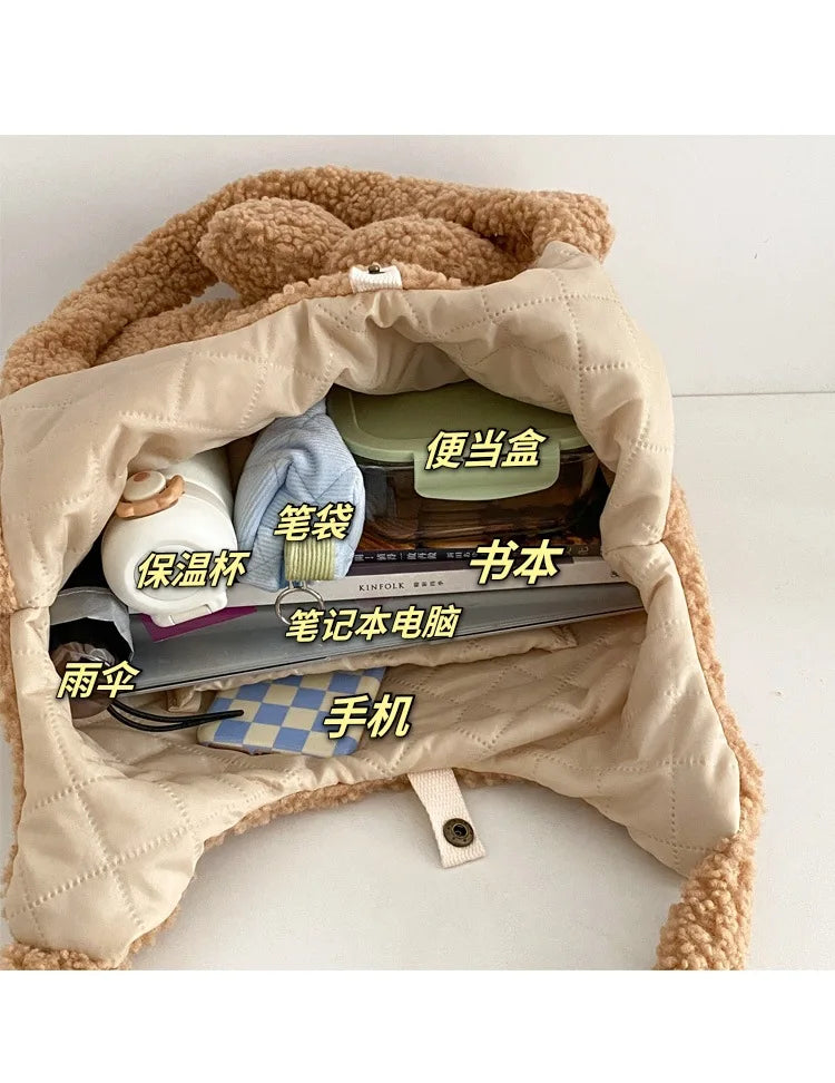 Winter Soft Plush Handbags 3D Flower Tote Bag Women Lamb Hair Shoulder Bag