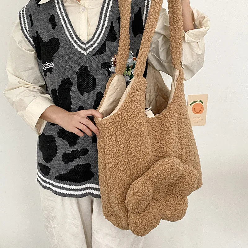 Winter Soft Plush Handbags 3D Flower Tote Bag Women Lamb Hair Shoulder Bag
