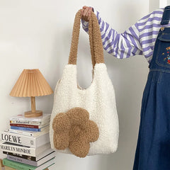 Winter Soft Plush Handbags 3D Flower Tote Bag Women Lamb Hair Shoulder Bag
