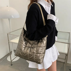 Winter Space Cotton Tote Padded Shoulder Bag Down Handbag Female Shopping Bags