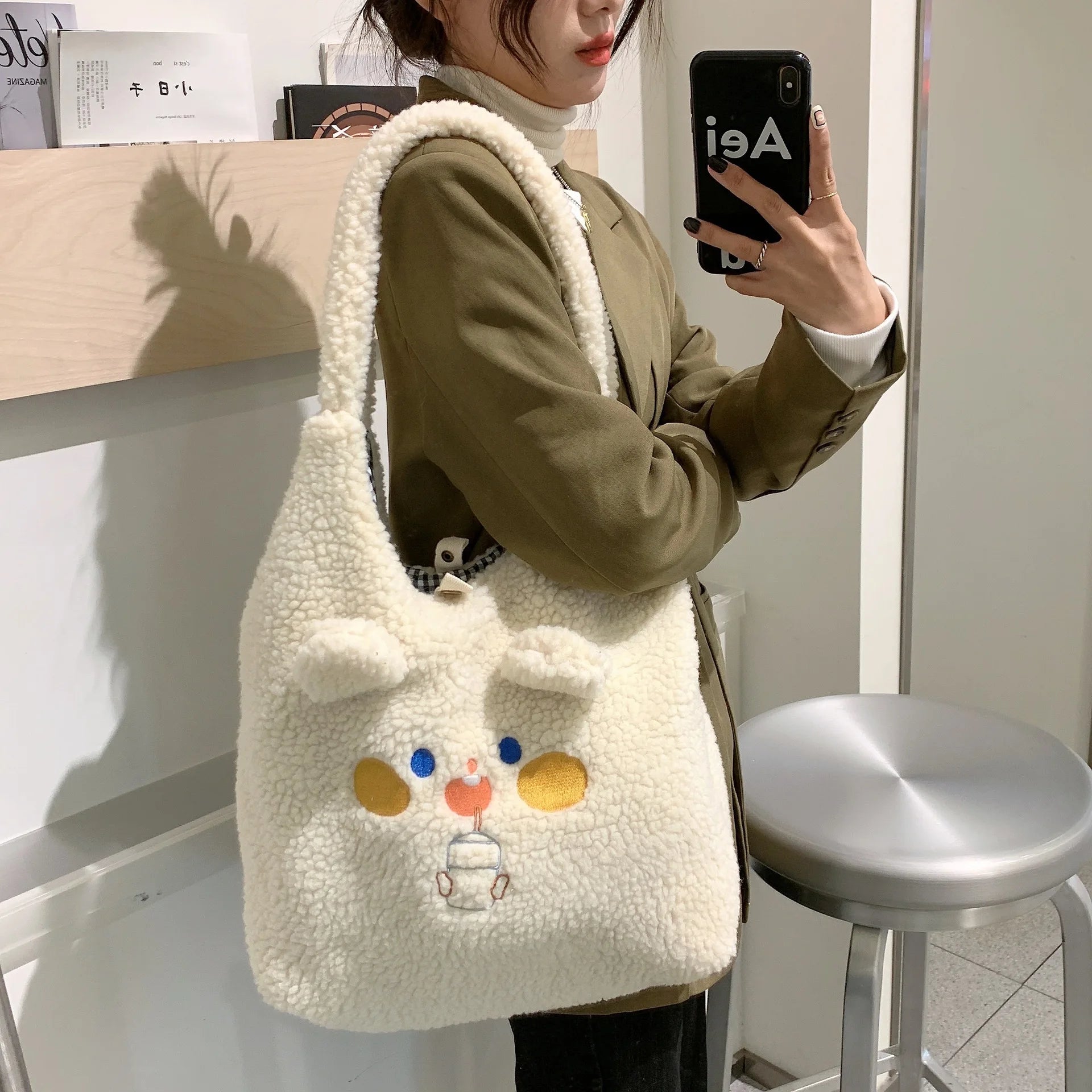 Winter Tote Bag Women Cartoon Embroidery Shoulder Bag Handbags