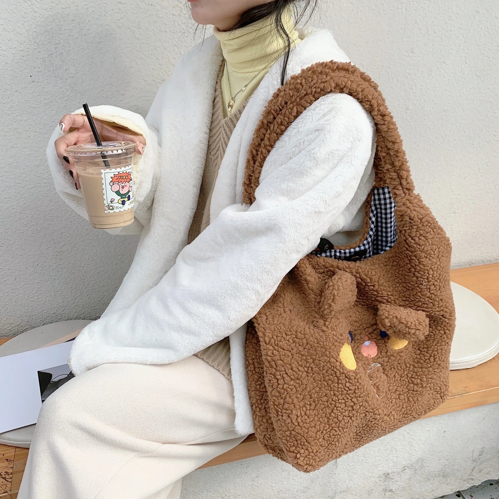 Winter Tote Bag Women Cartoon Embroidery Shoulder Bag Handbags
