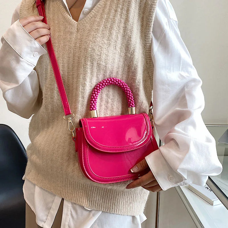 Women Orange Chain Shoulder Bags Armpit Bag Patent Leather Handbags