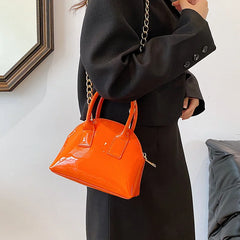 Women Orange Shell Bag Chain Messenger Bag Patent Leather Shoulder Bags Handbags