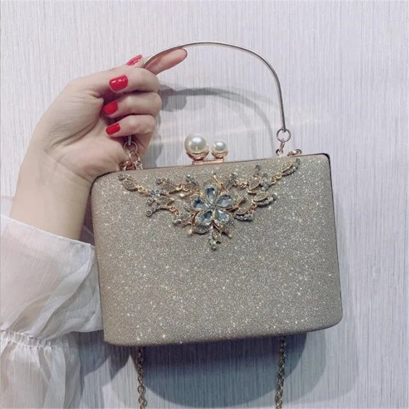 Women Bling Flowers Wedding Dinner Bags Chain Purse For Ladies