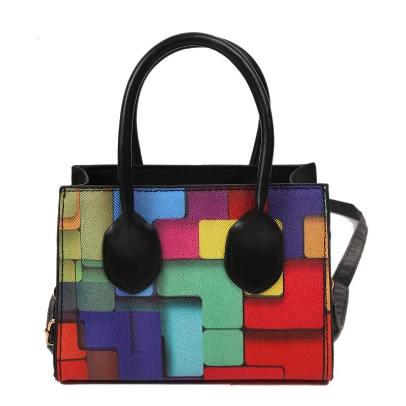 Women Mixed Block Square Bag Lady Casual Tote Shoulder Crossbody Bag