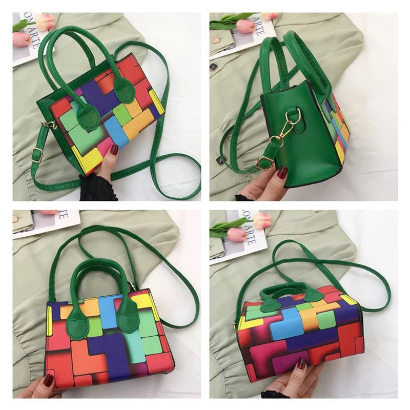 Women Mixed Block Square Bag Lady Casual Tote Shoulder Crossbody Bag
