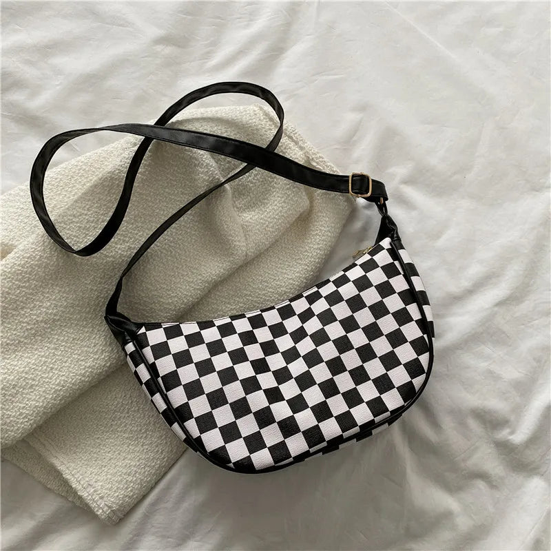 Women Plaid Canvas Shoulder Bag Chain Handbag Crossbody Bag