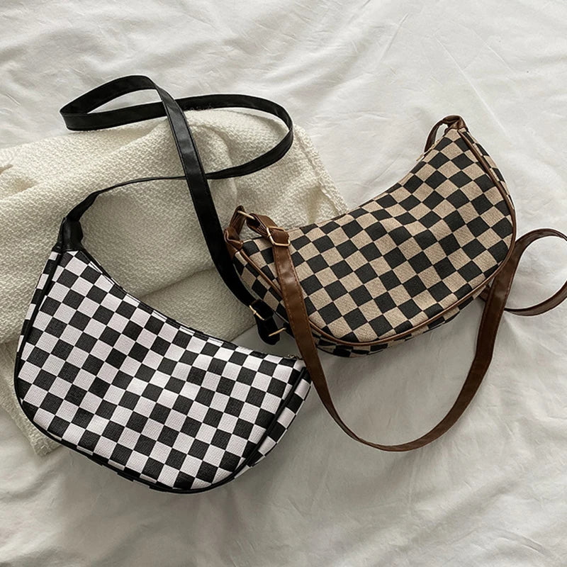 Women Plaid Canvas Shoulder Bag Chain Handbag Crossbody Bag