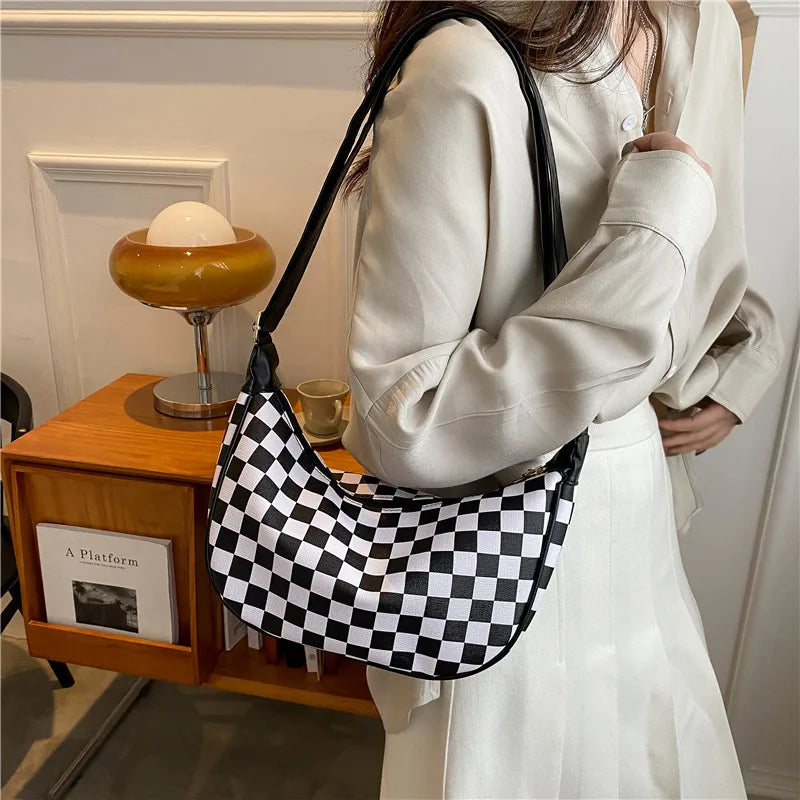 Women Plaid Canvas Shoulder Bag Chain Handbag Crossbody Bag