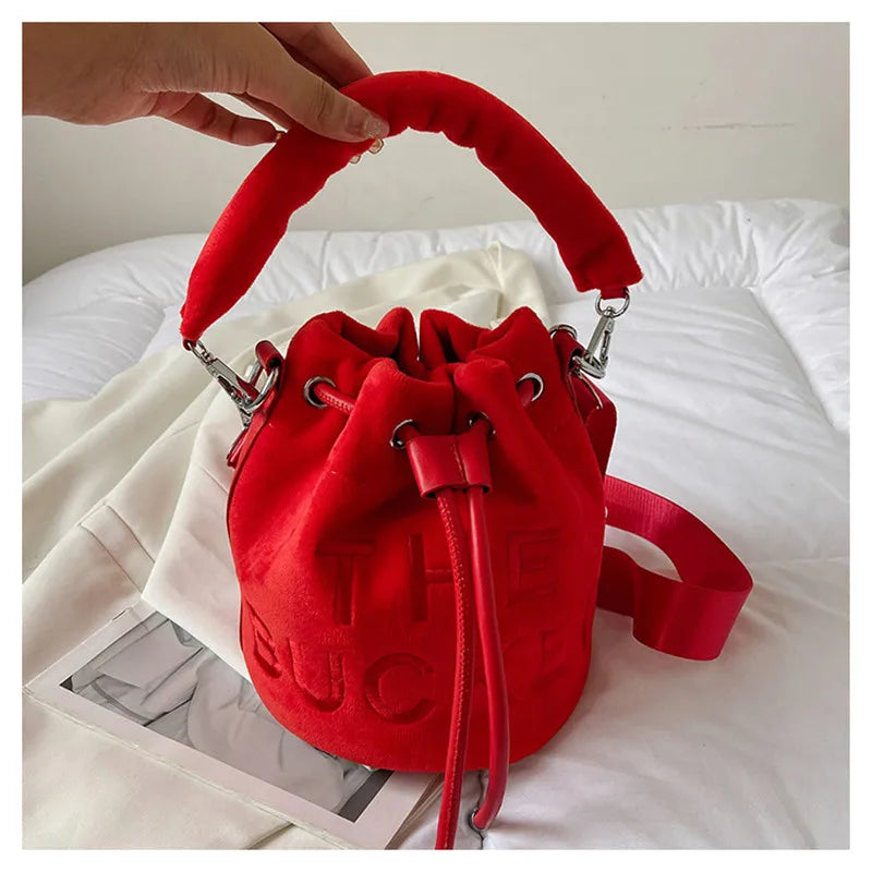 Women Fur Bucket Bags Printed Letters Cross Body Bags Winter