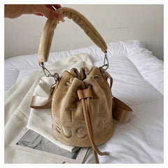 Women Fur Bucket Bags Printed Letters Cross Body Bags Winter