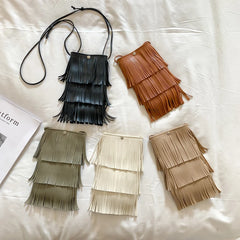 Women's Tassels Phone Bag Soft PU Leather Small Shoulder Crossbody Bag