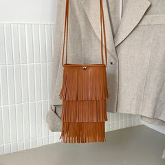 Women's Tassels Phone Bag Soft PU Leather Small Shoulder Crossbody Bag
