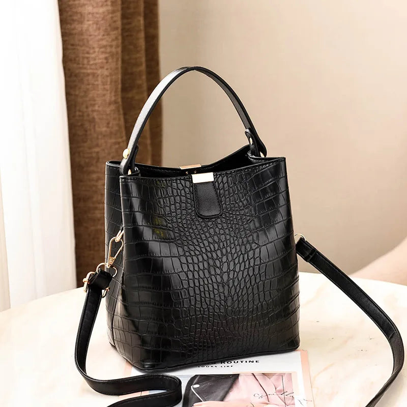 Women's Crocodile Pattern Bucket Bag Large Capacity Shoulder Bag