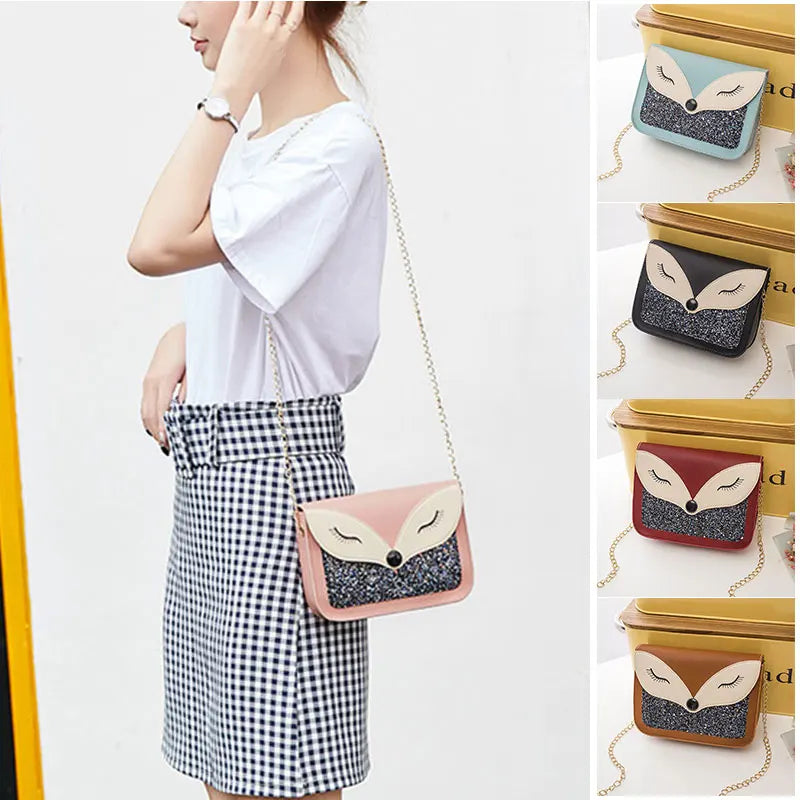 Women's Fox Print Cross-Body Shoulder Bag Chain Strap Mini Square Bag