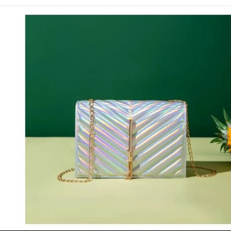 Tassel Small Square Bag with Metal Chain PU Leather Crossbody Bag