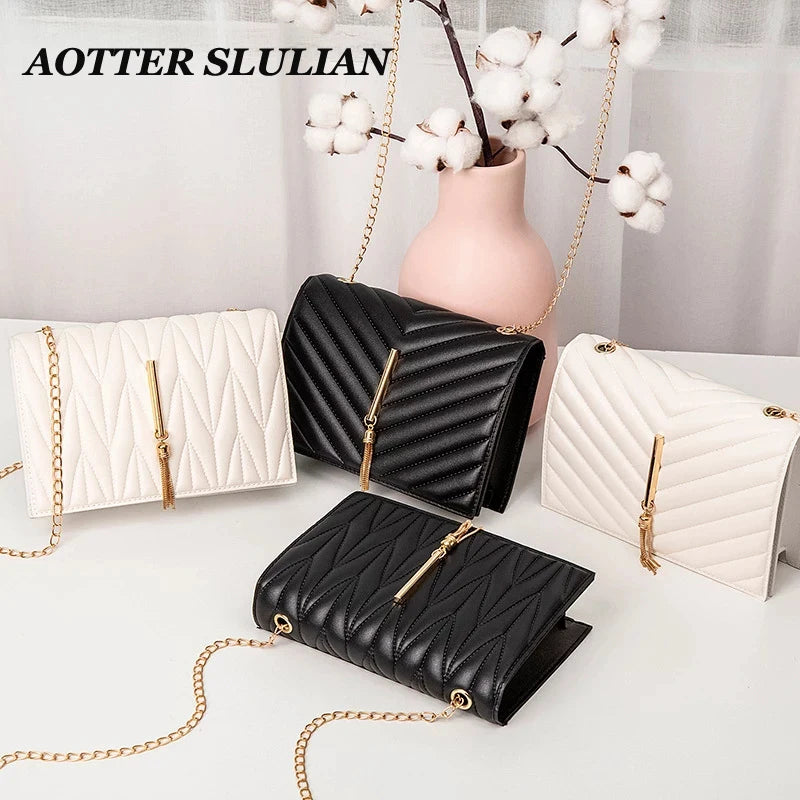 Tassel Small Square Bag with Metal Chain PU Leather Crossbody Bag
