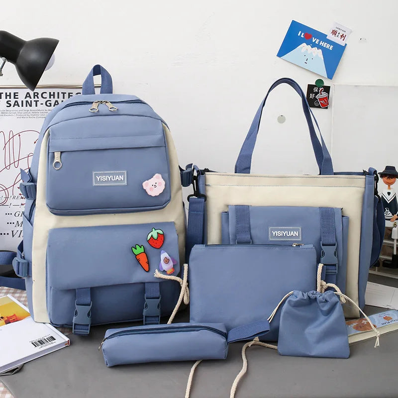 Canvas Women's Backpacks 5 pcs Set Big Capacity Students Bags