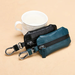 Leather Car Key Case Cowhide Lychee Pattern Waterproof Zipper