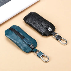 Leather Car Key Case Cowhide Lychee Pattern Waterproof Zipper