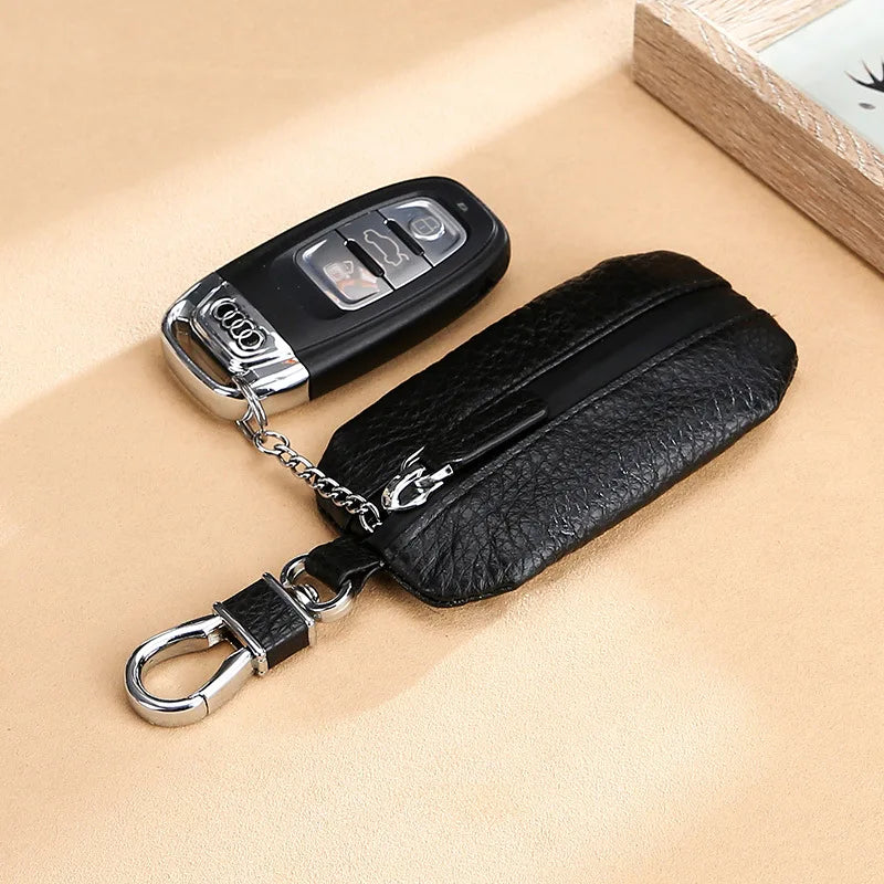 Leather Car Key Case Cowhide Lychee Pattern Waterproof Zipper