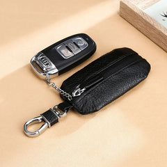 Leather Car Key Case Cowhide Lychee Pattern Waterproof Zipper