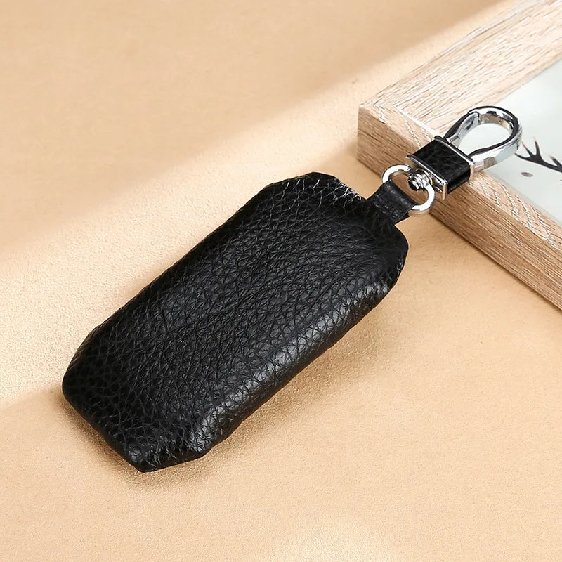 Leather Car Key Case Cowhide Lychee Pattern Waterproof Zipper