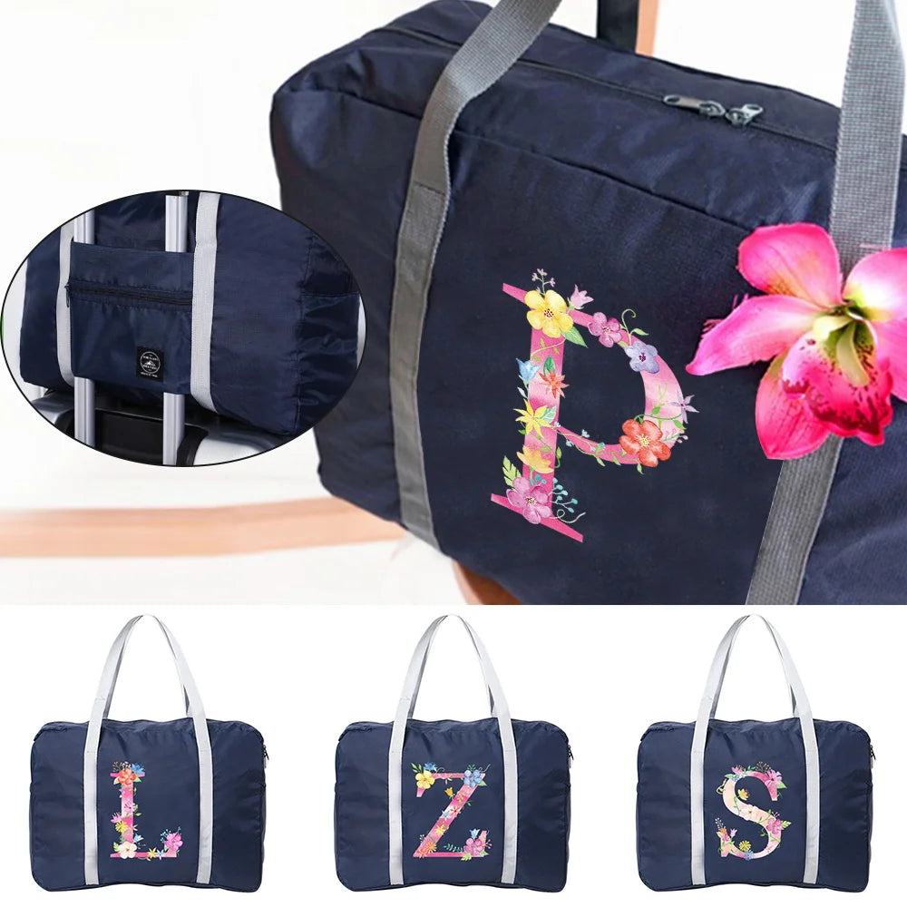 Foldable Travel Bag Pink Letter Print Unisex Large Bag Luggage Women Men