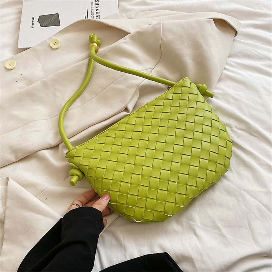 PU Leather Woven Shoulder Bag for Women Half Round Underarm Bag Wallets Handbag