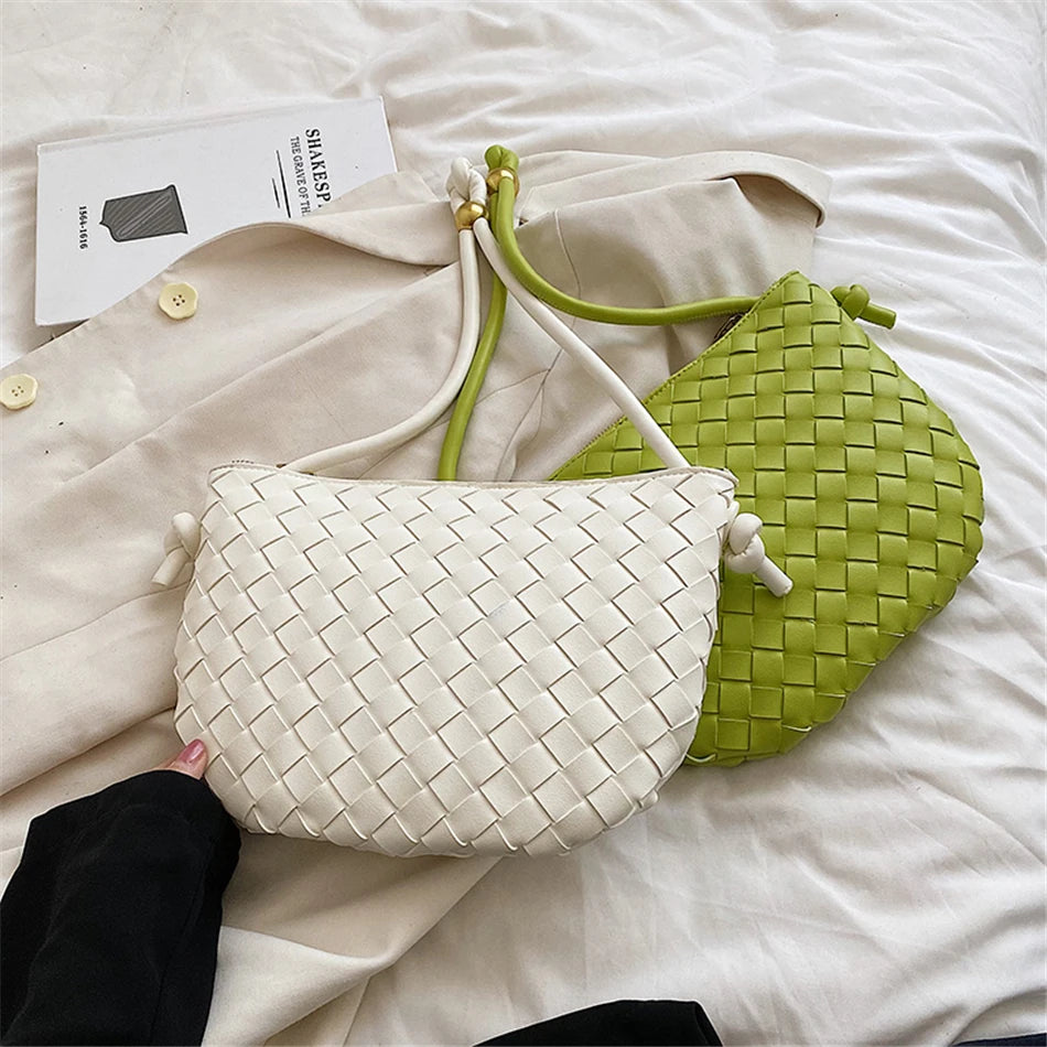 PU Leather Woven Shoulder Bag for Women Half Round Underarm Bag Wallets Handbag