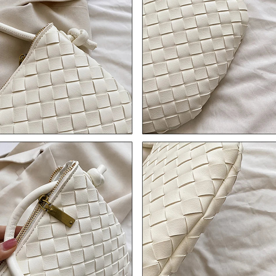 PU Leather Woven Shoulder Bag for Women Half Round Underarm Bag Wallets Handbag