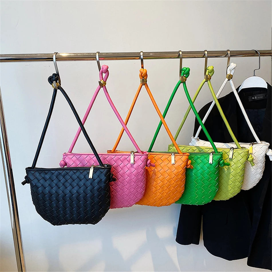 PU Leather Woven Shoulder Bag for Women Half Round Underarm Bag Wallets Handbag