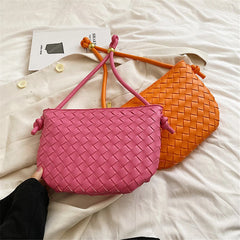 PU Leather Woven Shoulder Bag for Women Half Round Underarm Bag Wallets Handbag